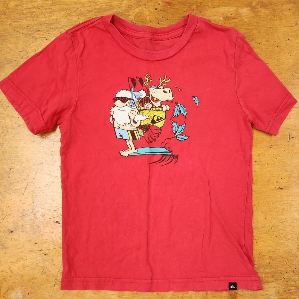 Quiksilver Red Short Sleeve Tee with Playful Cartoon Design